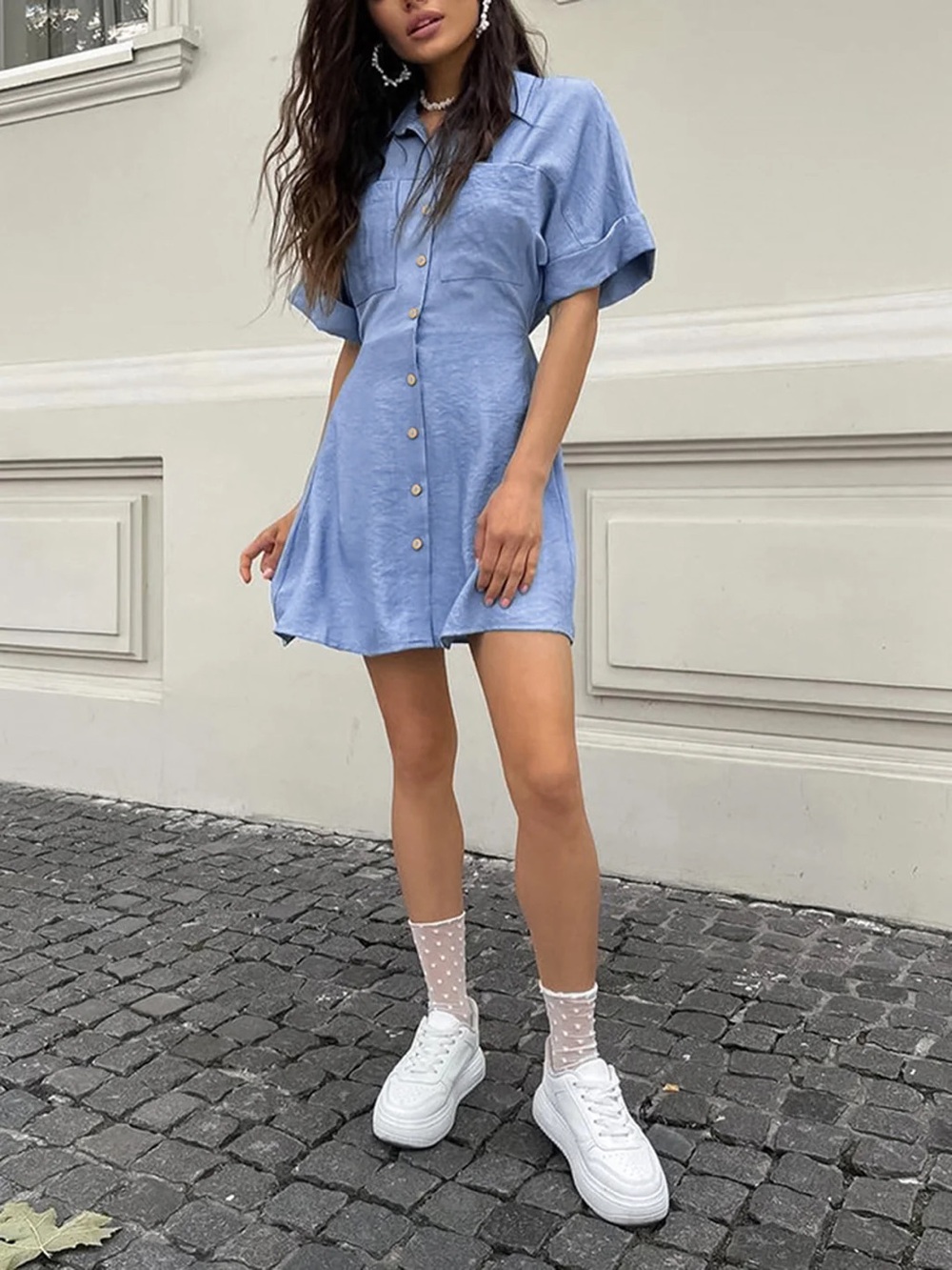 Commense Light Blue Button-Front Mini Shirt Dress‎ XS.